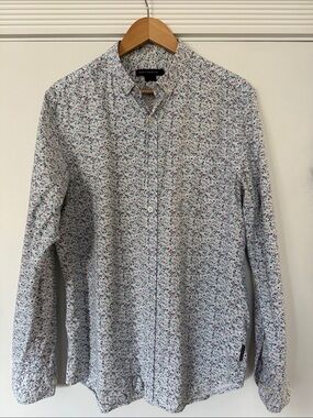 French Connection White Button-Down Shirt with Blue & Pink Micro Floral